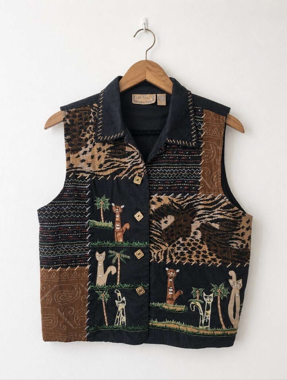 Embroidered Patchwork Vest Animal Black & Brown